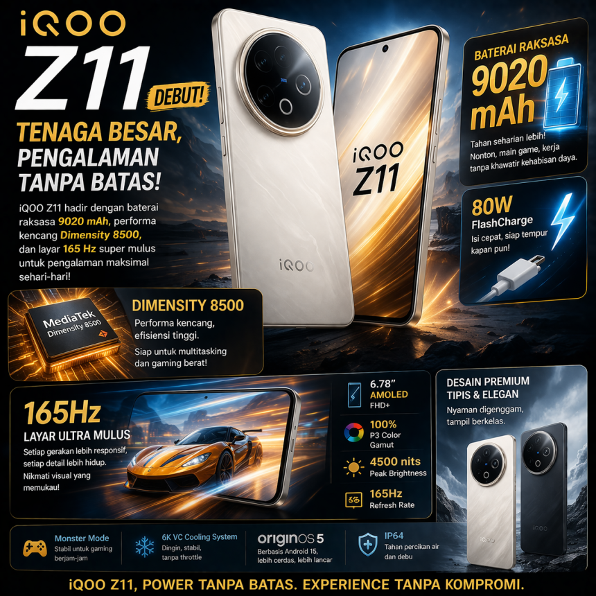 iQOO Z11 Debut: Usung Baterai 9020 mAh, Dimensity 8500, hingga Layar 165 Hz