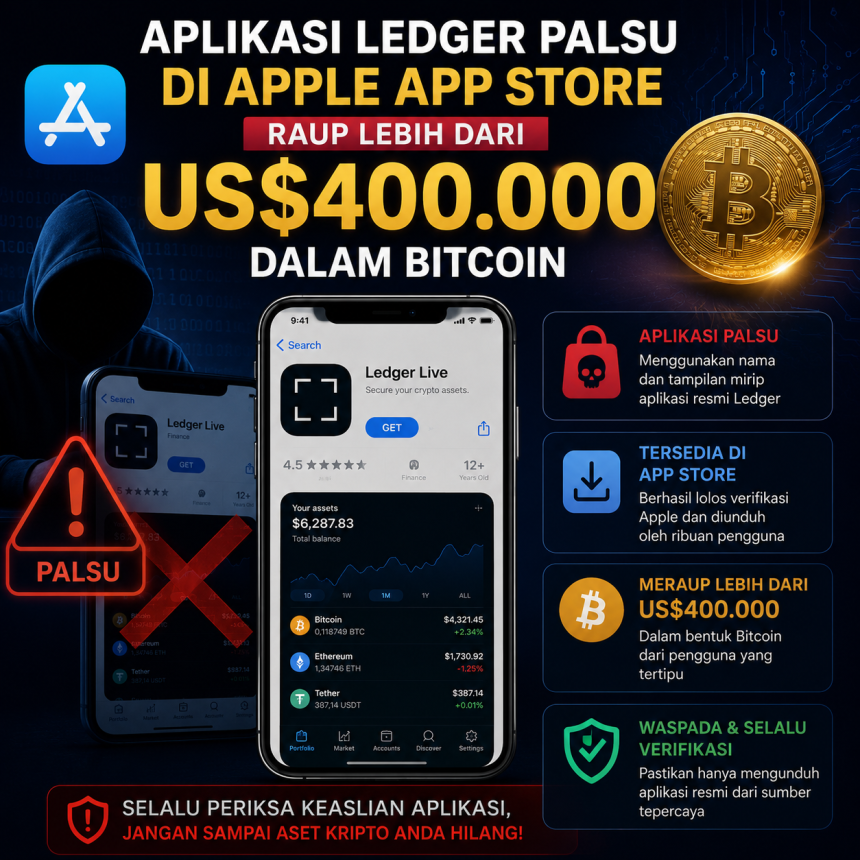 Aplikasi Ledger Palsu di Apple App Store Raup Lebih dari US$400.000 dalam Bitcoin
